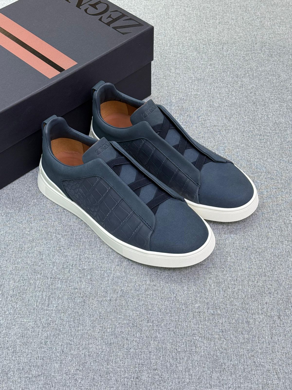 ZEGNA Grey Croc Embossed Slip On Sneakers