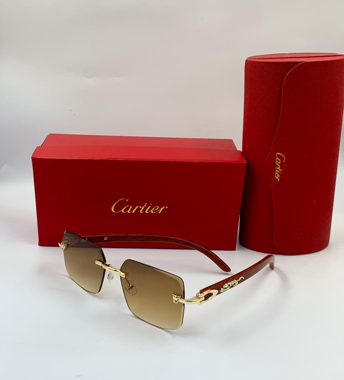 Cartier Panthère de Cartier Rimless Sunglasses (Gold/Wood/Black)