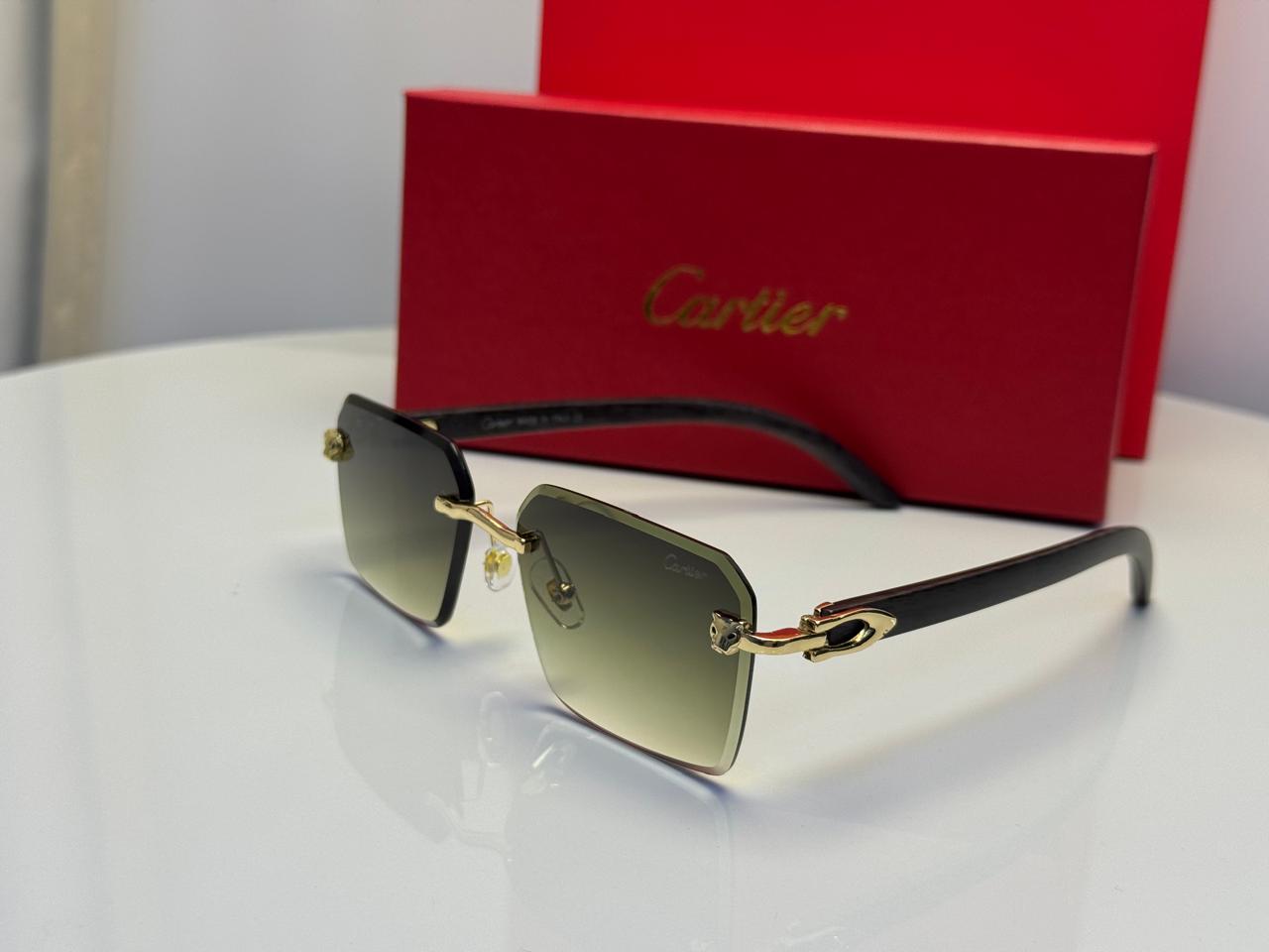 Cartier Panthère de Cartier Rimless Sunglasses (Gold/Solid Brown/Wood)