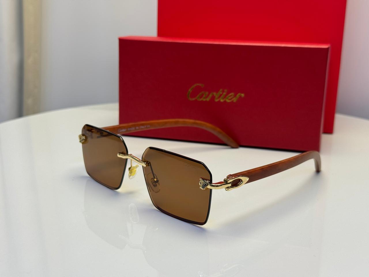 Cartier Panthère de Cartier Rimless Sunglasses (Gold/Brown/Wood)