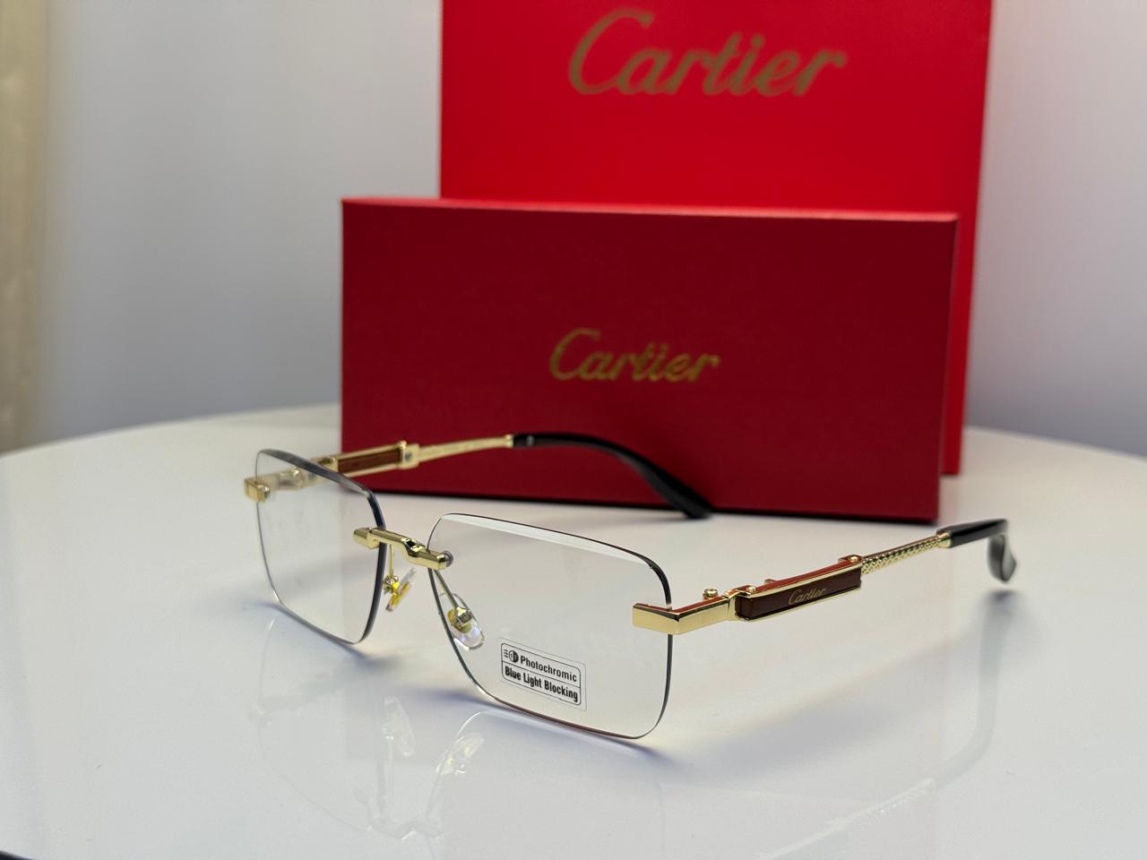 Cartier Rimless Rectangular Wood & Metal Eyeglasses (Black/Gold)