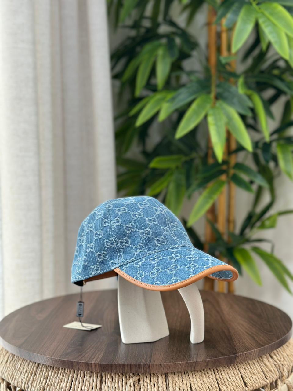 Gucci GG Canvas Baseball Hat with Leather Brim Beige Blue