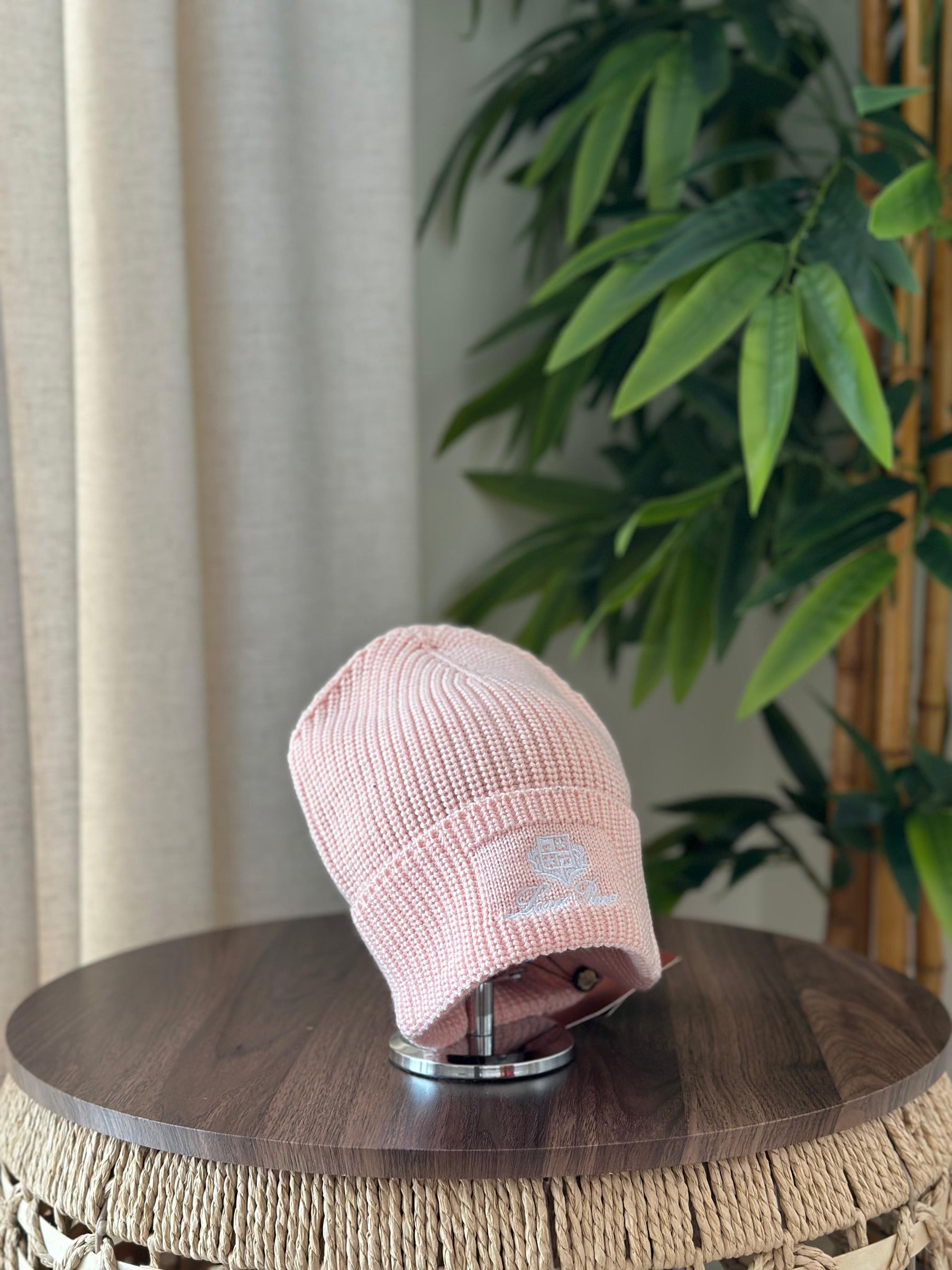 Loro Piana Rib-Knit Cashmere Beanie (Off-White/Black Embroidery)