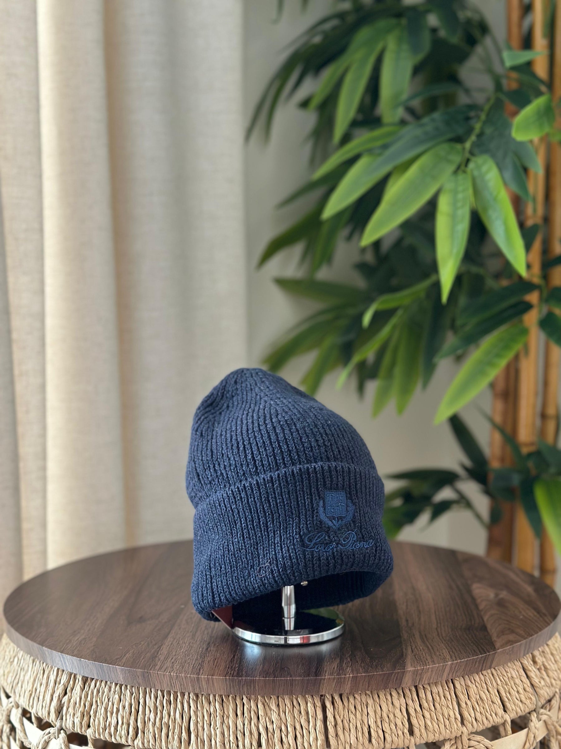 Loro Piana Rib-Knit Cashmere Beanie (Off-White/Black Embroidery)