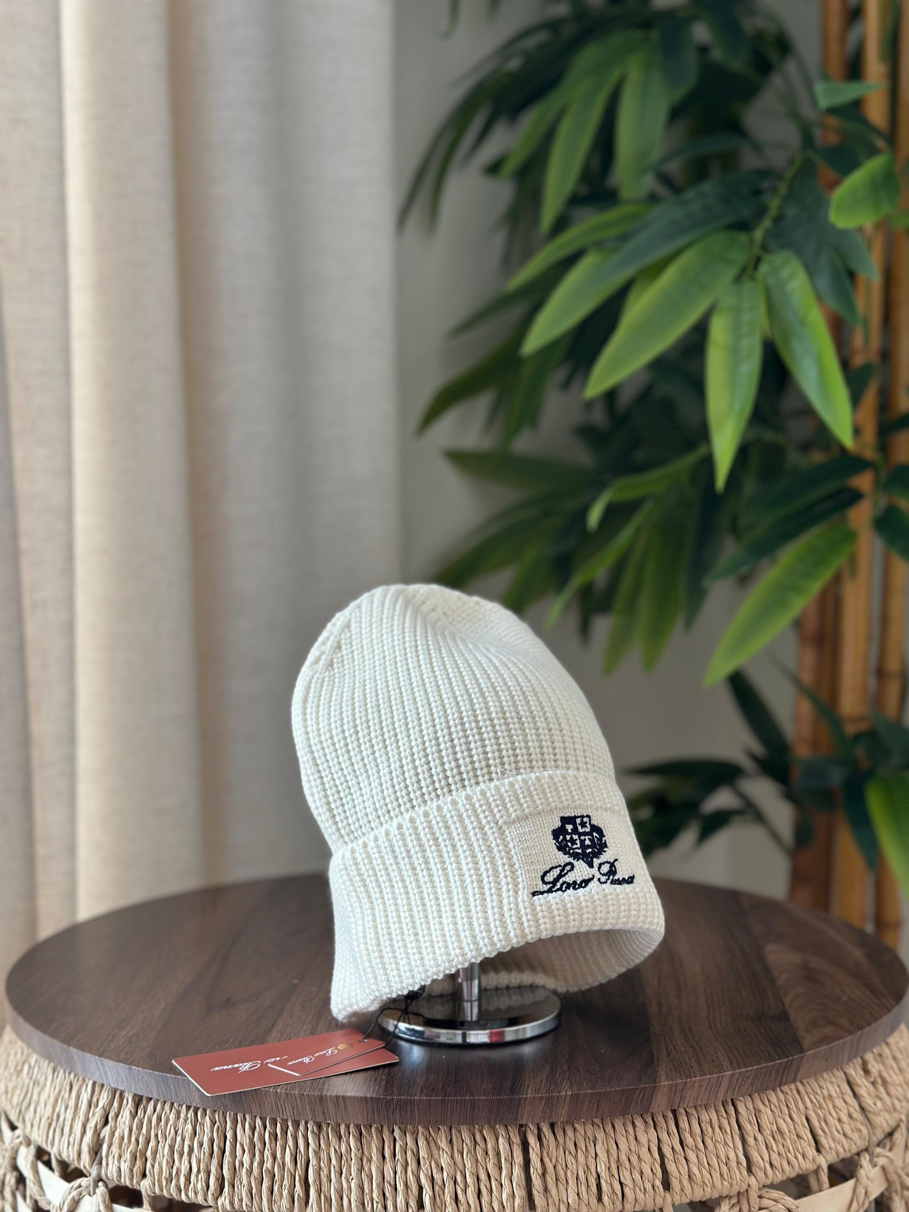 Loro Piana Rib-Knit Cashmere Beanie (Black/Brown Embroidery)
