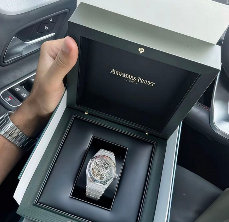 Audemars Piguet Watch | Royal Oak Double Balance Wheel Openworked Frosted White Gold Rainbow Bezel