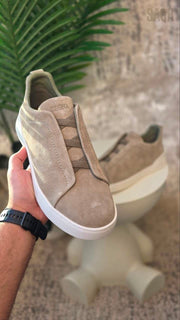 Zegna Triple Stitch Suede Beige Sneakers - View 5