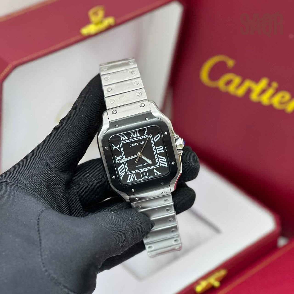 Cartier Watch | Santos de Steel Black Dial Watch