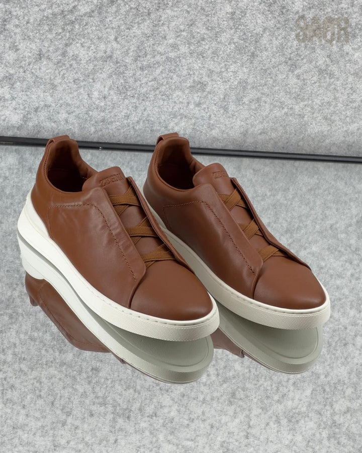 ZEGNA Triple Stitch™ Taupe Leather Sneakers