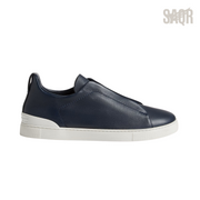 Zegna Triple Stitch Leather Slip-On Sneakers – Navy Blue - View 1