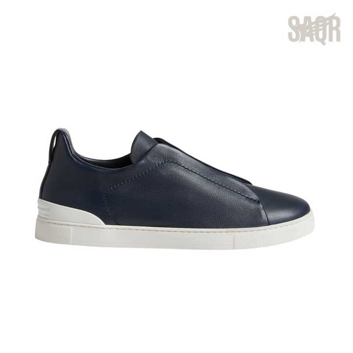 Zegna Triple Stitch Leather Slip-On Sneakers – Navy Blue - View 1