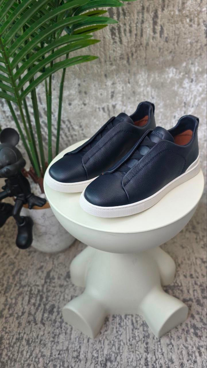 Zegna Triple Stitch Leather Slip-On Sneakers – Navy Blue - View 5