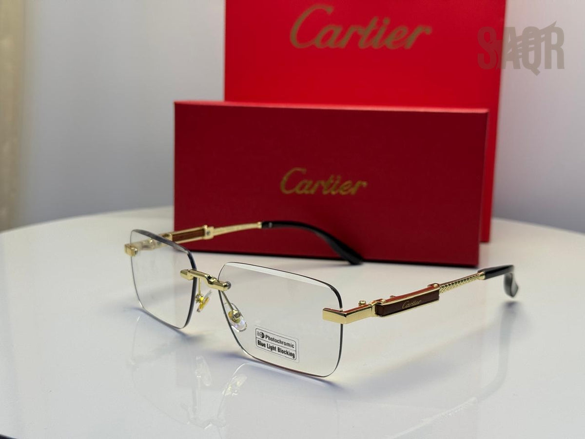 Cartier Rimless Rectangular Wood & Metal Eyeglasses (Black/Gold)