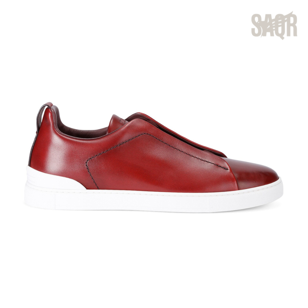 Zegna Leather Triple Stitch Burgundy Sneakers - View 1