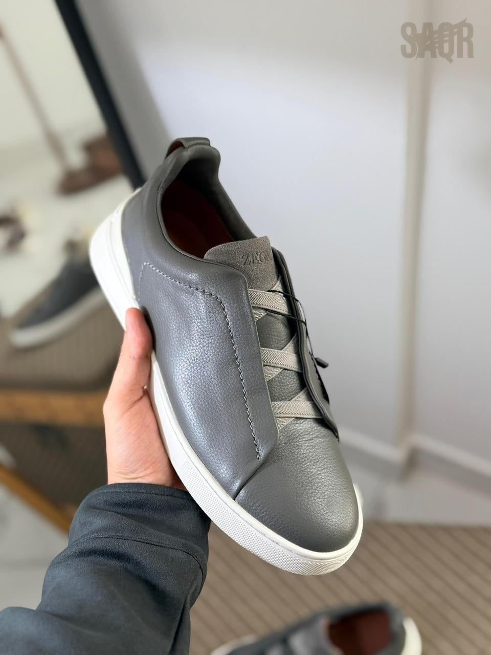 ZEGNA Triple Stitch™ Leather Sneakers – Slate Grey